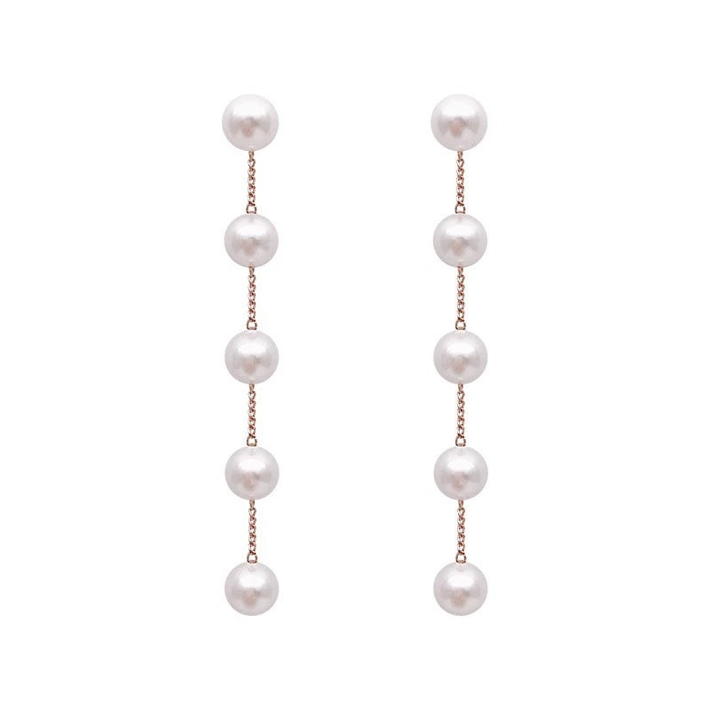 Long Pearl String Tassel Silver Earrings With Simple Personality